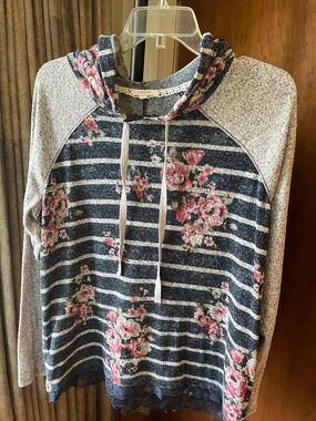 Maurices Navy Stripe & Pink Floral Hoodie Sweatshirt